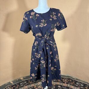 Princess Highway Navy Floral & Bee Print Short Sleeve Fit & Flare Dress with Bel